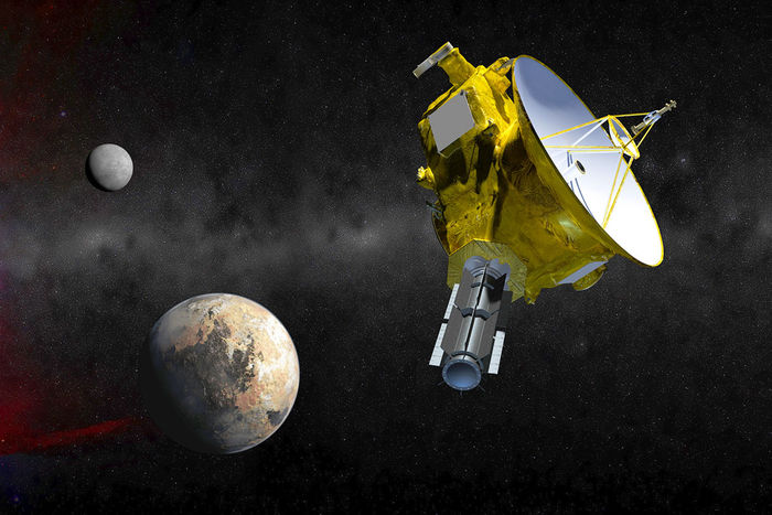 Computergrafik von "New Horizons", wie sie sich im Juli 2015 Pluto und seinem größten Mond Charon nähert. Bild: Sender / ARTE France / Johns Hopkins University Applied Physics Laboratory / Southwest Research InstituteB