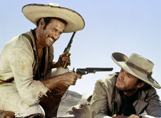 Gut gelaunt und schwer bewaffnet: Eli Wallach als Tuco, Clint Eastwood als Der Blonde. Bild: Sender