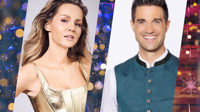 &bdquo;Zauberhafte Weihnacht im Land der &sbquo;Stillen Nacht&lsquo;&ldquo;: Melissa Naschenweng, Dominik Gl&ouml;bl moderieren. Bild: Sender / ORF / Lex Karelly / Markus Konvalin
