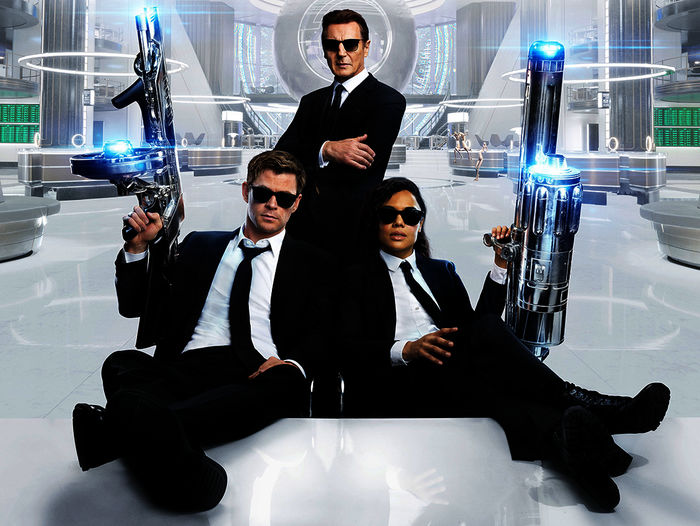 Men in Black: International: Chris Hemsworth (Agent H), Liam Neeson (Agent High T), Tessa Thompson (Agent M).
Bild: Sender / Sony Pictures