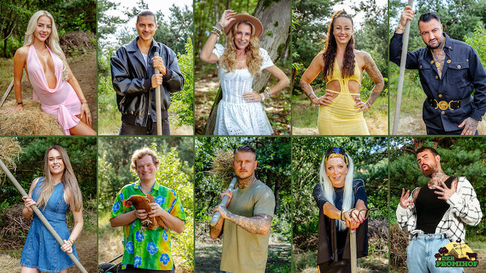 Der Promihof: &nbsp;oben, v.l.n.r.: Emma Fernlund, Tim K&uuml;hnel, Giulia Siegel, Sandra Sicora, Cosimo Citiolo unten, v.l.n.r. Nina Reh, Fritz Wagner, Paco Herb, Alicia King, Gigi Birofio. Bild: Sender/RTLZWEI