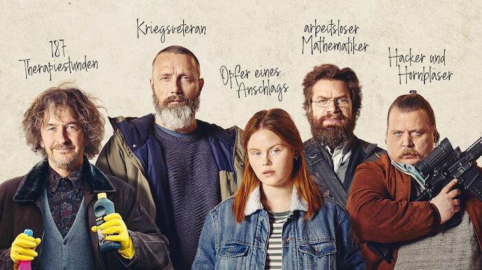 Helden der Wahrscheinlichkeit: Lennart (Lars Brygmann), Markus (Mads Mikkelsen), Mathilde (Andrea Heick Gadeberg), Otto (Nikolaj Lie Kaas) und Emmenthaler (Nicolas Bro) ziehen gegen das Verbrechen ins Feld! Bild: Sender / Degeto / Splendid Film GmbH