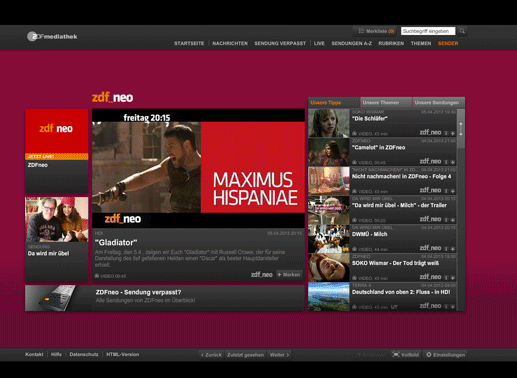 Die Mediathek von ZDFneo bietet in der Menüleiste unterschiedliche Auswahlmöglichkeiten an – im Fokus sind aktuelle Inhalte, Tipps, aktuelle und beliebte Sendungen. Bild: ZDF / Screenshot TVButler