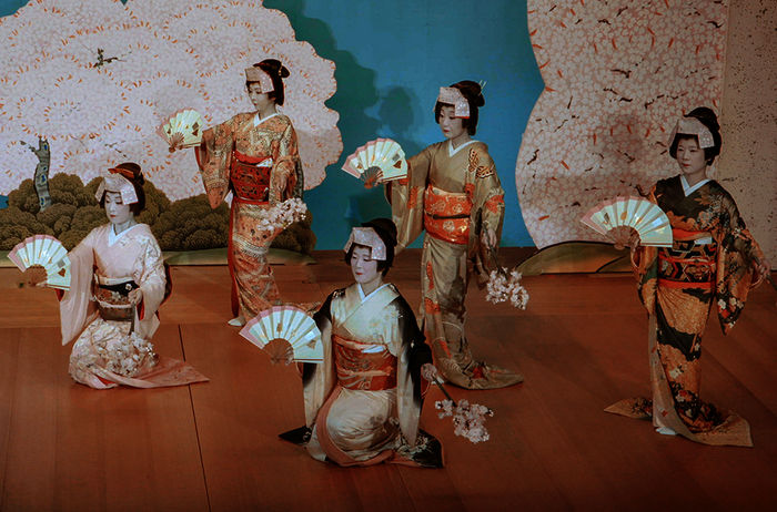 Mit Charlotte Roche in Japan. Geishas, japanische Unterhaltungskünstlerinnen, beim Tanzen. Bild: Sender / ZDF / Florianfilm
