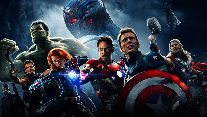 Artwork zum Film "Avengers: Age of Ultron" mit (v.l.:) Nick Fury (Samuel L. Jackson), Clint Barton / Hawkeye (Jeremy Renner), Bruce Banner / Hulk (Mark Ruffalo), Natasha Romanoff / Black Widow (Scarlett Johansson), Ultron (James Spader), Tony Stark / Iron Man (Robert Downey Jr.), Steve Rogers / Captain America (Chris Evans) und Thor (Chris Hemsworth). Bild: Sender/RTL